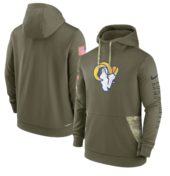 Men's Los Angeles Rams 2022 Olive Salute to Service Therma Performance Pullover Hoodie Men's Los Angeles Rams 2022 Olive Salute to Service Therma Performance Pullover Hoodie